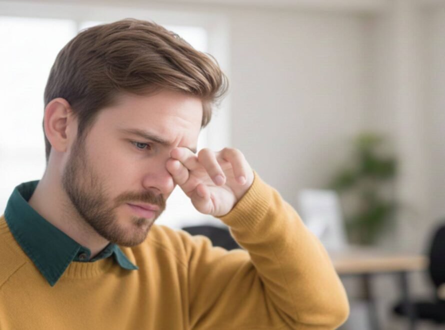 A man squints, pressing fingers to his eye, conveying discomfort. He wears a yellow sweater, green shirt, in a blurred office background.