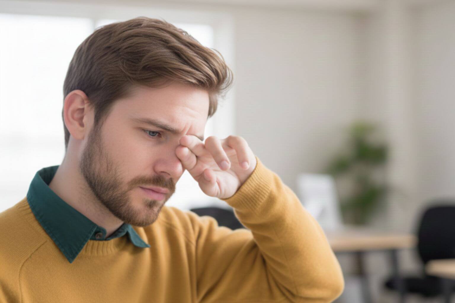A man squints, pressing fingers to his eye, conveying discomfort. He wears a yellow sweater, green shirt, in a blurred office background.
