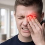 A man with a pained expression holds his hand to his right eye, which glows red, indicating discomfort or injury.