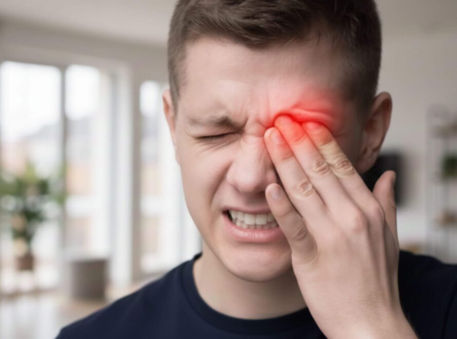A man with a pained expression holds his hand to his right eye, which glows red, indicating discomfort or injury.