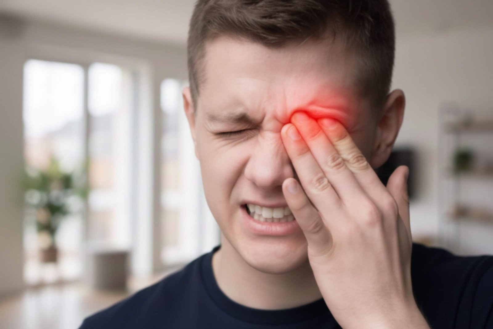 A man with a pained expression holds his hand to his right eye, which glows red, indicating discomfort or injury.