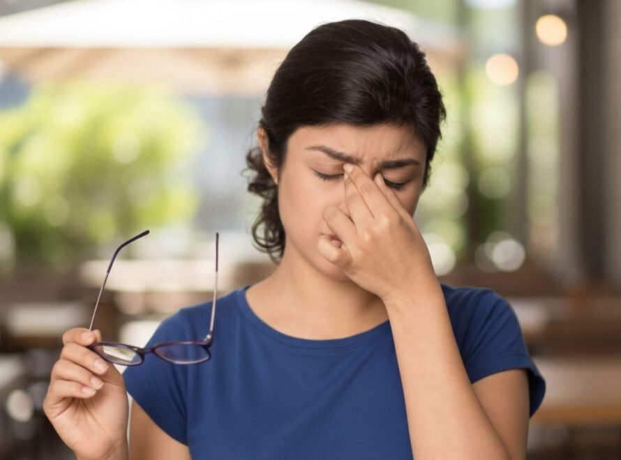A young woman with dark hair and a blue shirt holds glasses and pinches the bridge of her nose, appearing stressed or having a headache.