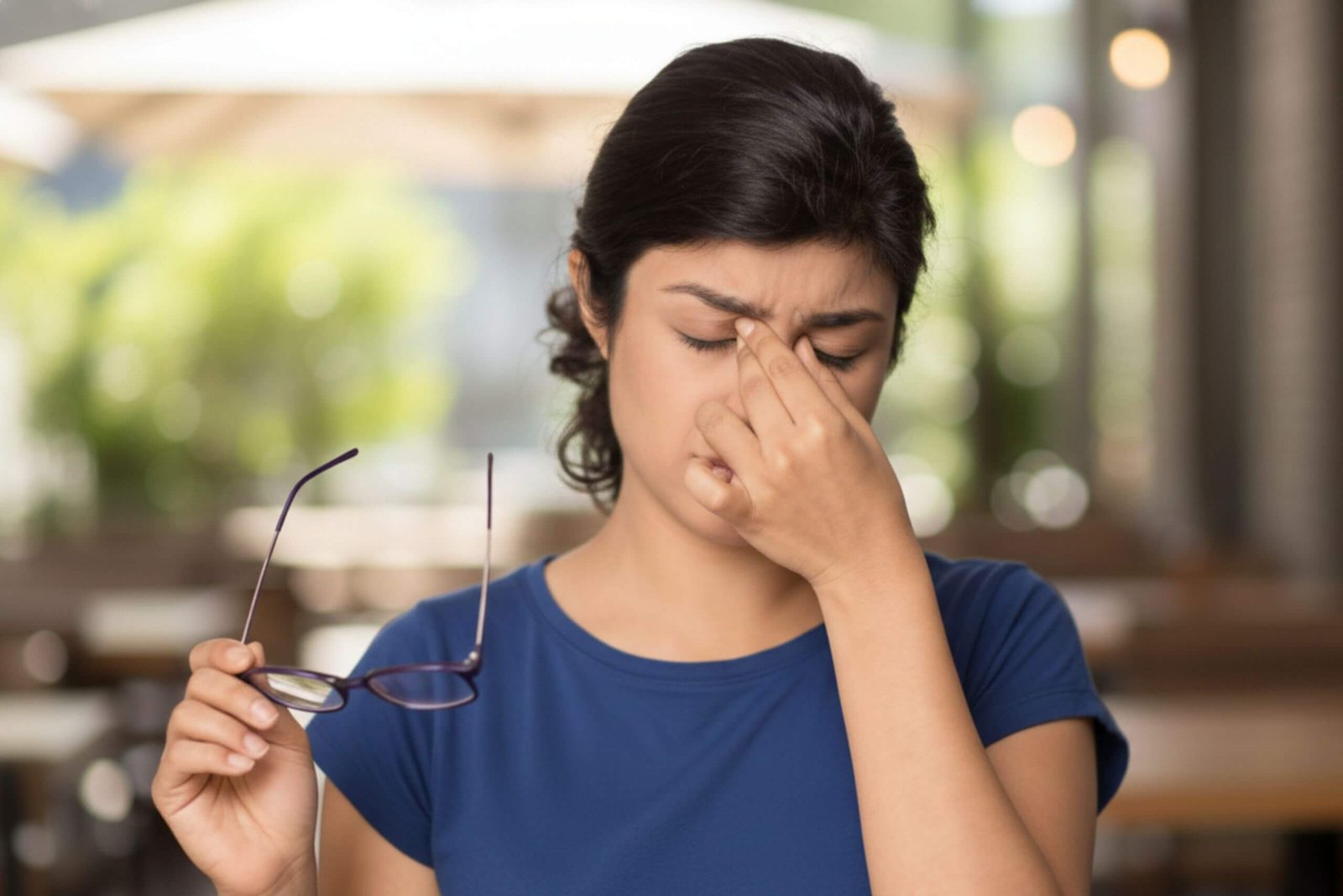 A young woman with dark hair and a blue shirt holds glasses and pinches the bridge of her nose, appearing stressed or having a headache.